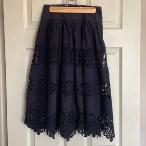 Ann Taylor Navy Cotton Macramé Lace A-line Midi Skirt